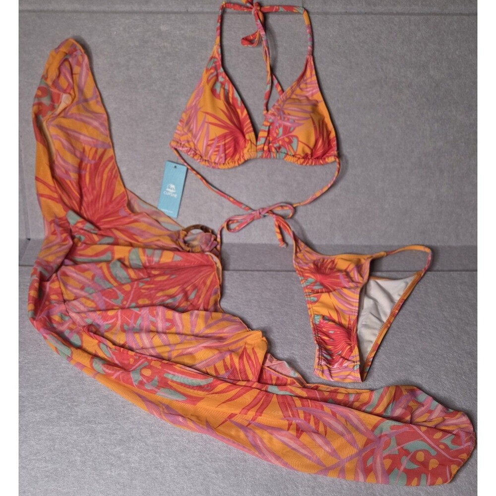 CUPSHE Floral Print 3 Pc Bikini Set & Sarong Cover Up Women's Size S NWT